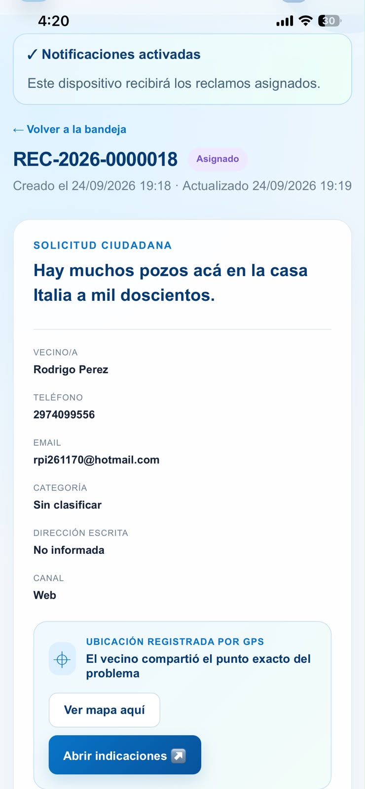 Detalle móvil de un reclamo asignado